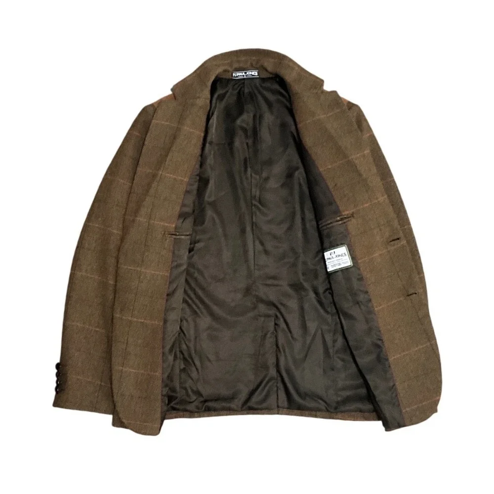 PJ Paul Jones Mens Tweed Plaid Wool Blend Blazer Elbow Patch Brown Size S Jacket